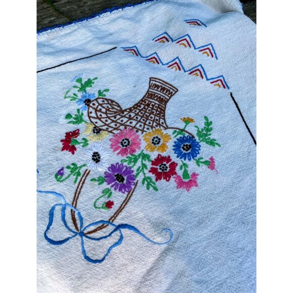 Vintage Arts and Crafts Cotton Embroidered Babket Flowers Tablecloth - Picture 3 of 13